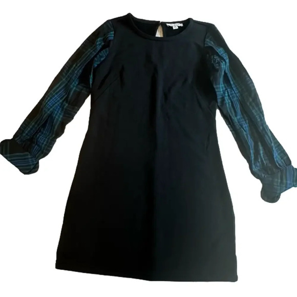 Long Sleeve Sweatshirt Dress with Plaid Print Sleeves Bow Cuffs XS - Picture 3 of 10